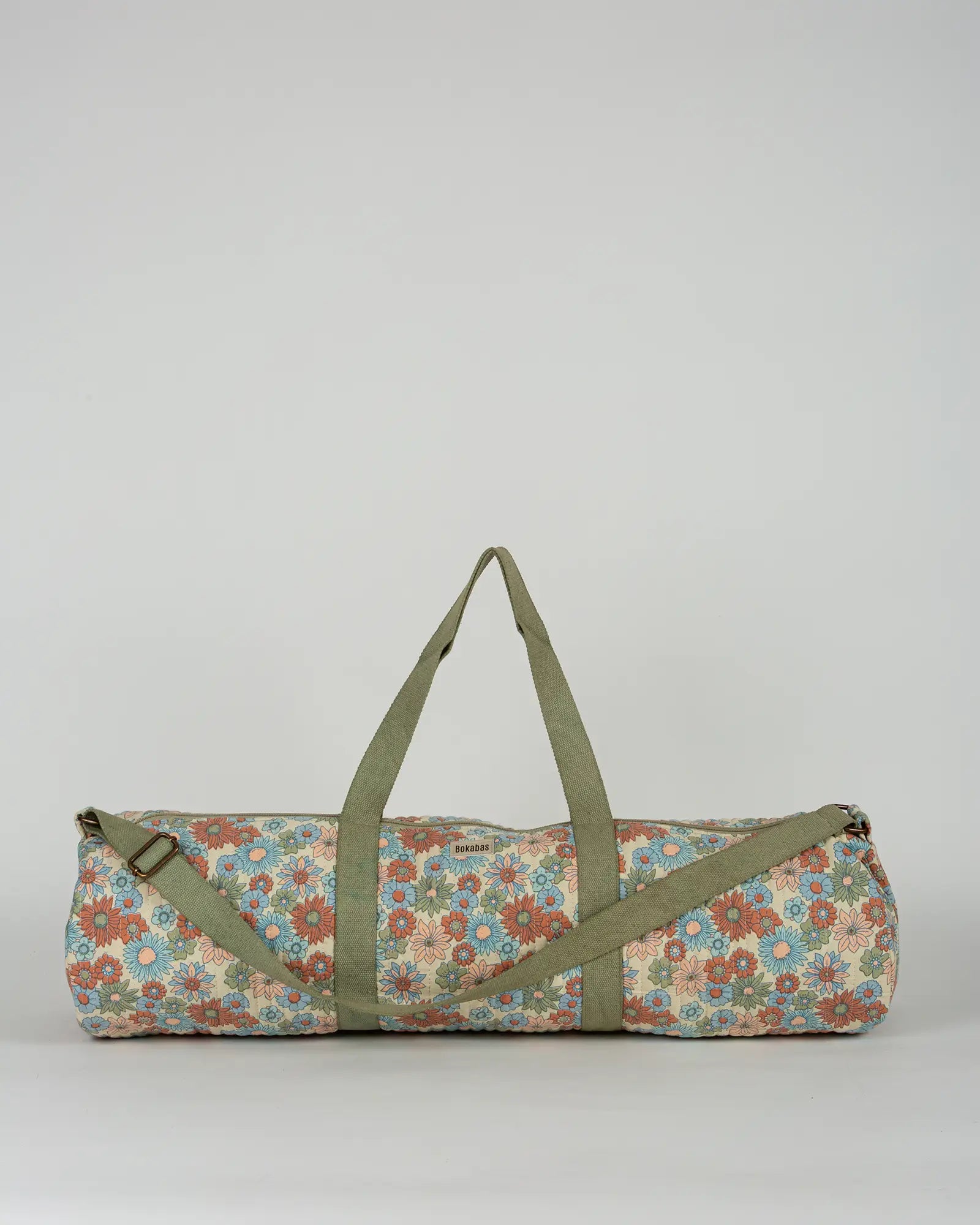 Sac de yoga en tissu matelassé Bokabas, imprimé Rétro liberty vert, bleu et orange, vue de face