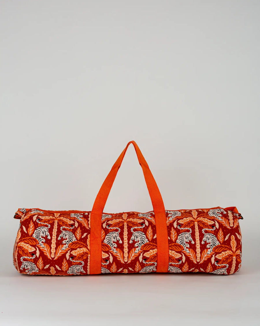 Sac de yoga en tissu matelassé Bokabas, imprimé Tropique palmier et guépard orange, vue de dos