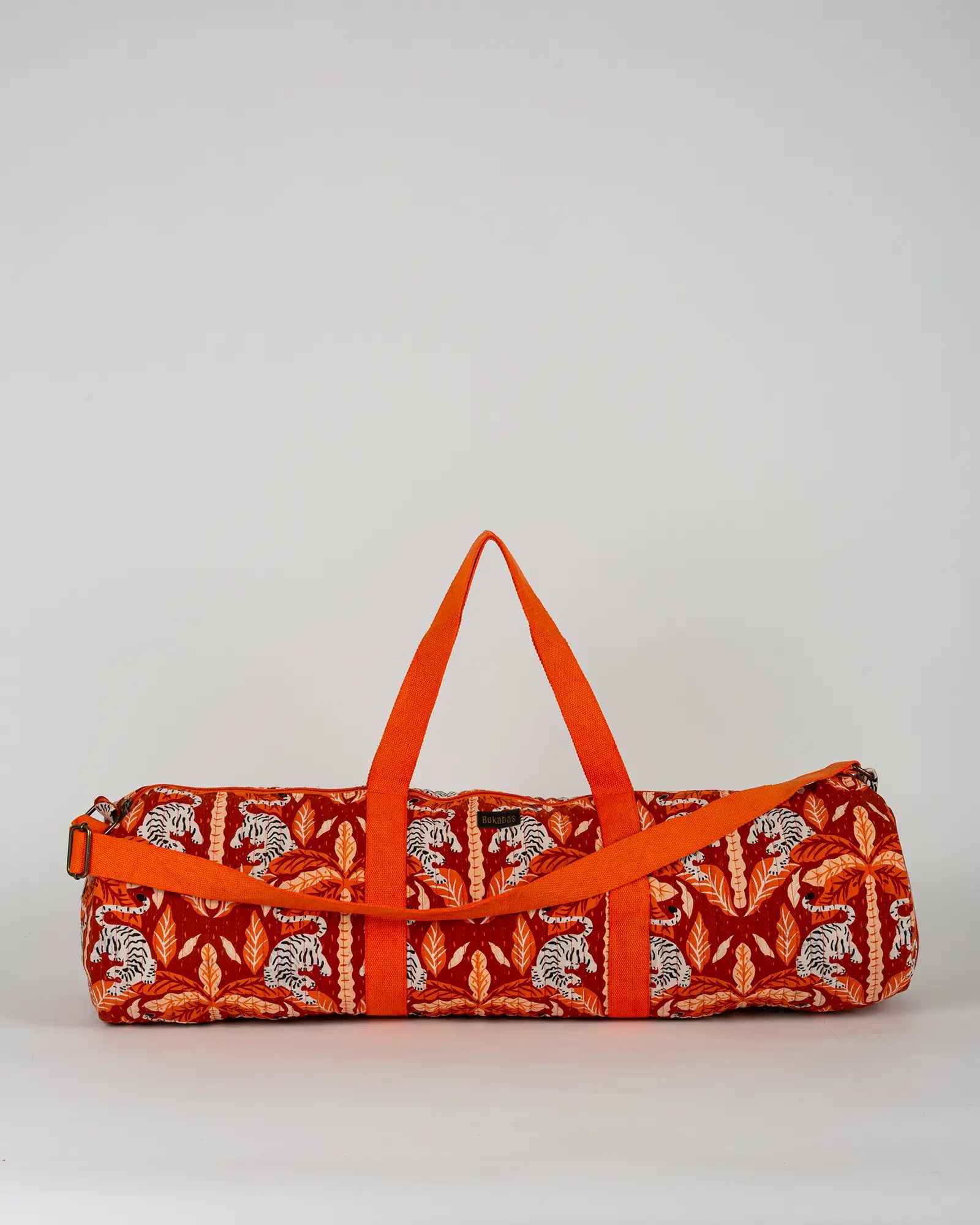 Sac de yoga en tissu matelassé Bokabas, imprimé Tropique palmier et guépard orange, vue de face