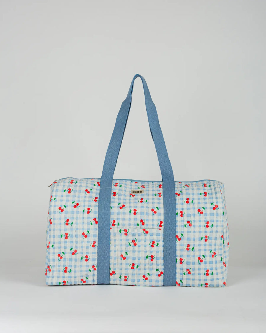 Sac week-end matelassé Bokabas, imprimé Cerise vichy bleu, vue de face