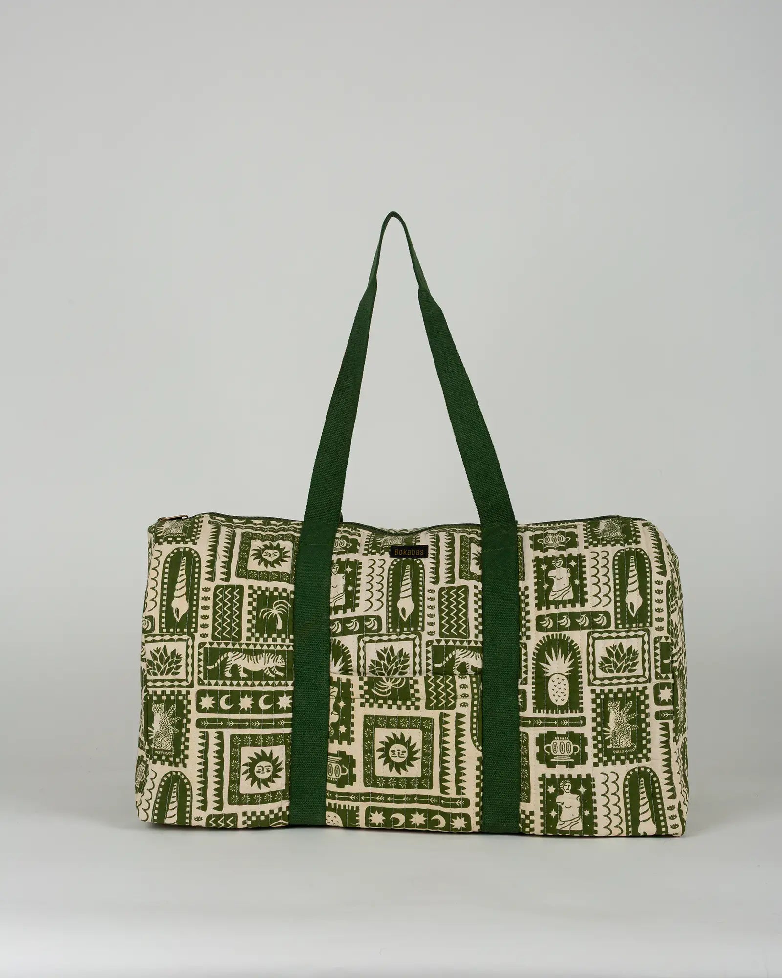 Sac week-end matelassé Bokabas, imprimé Art vert kaki et beige, vue de face