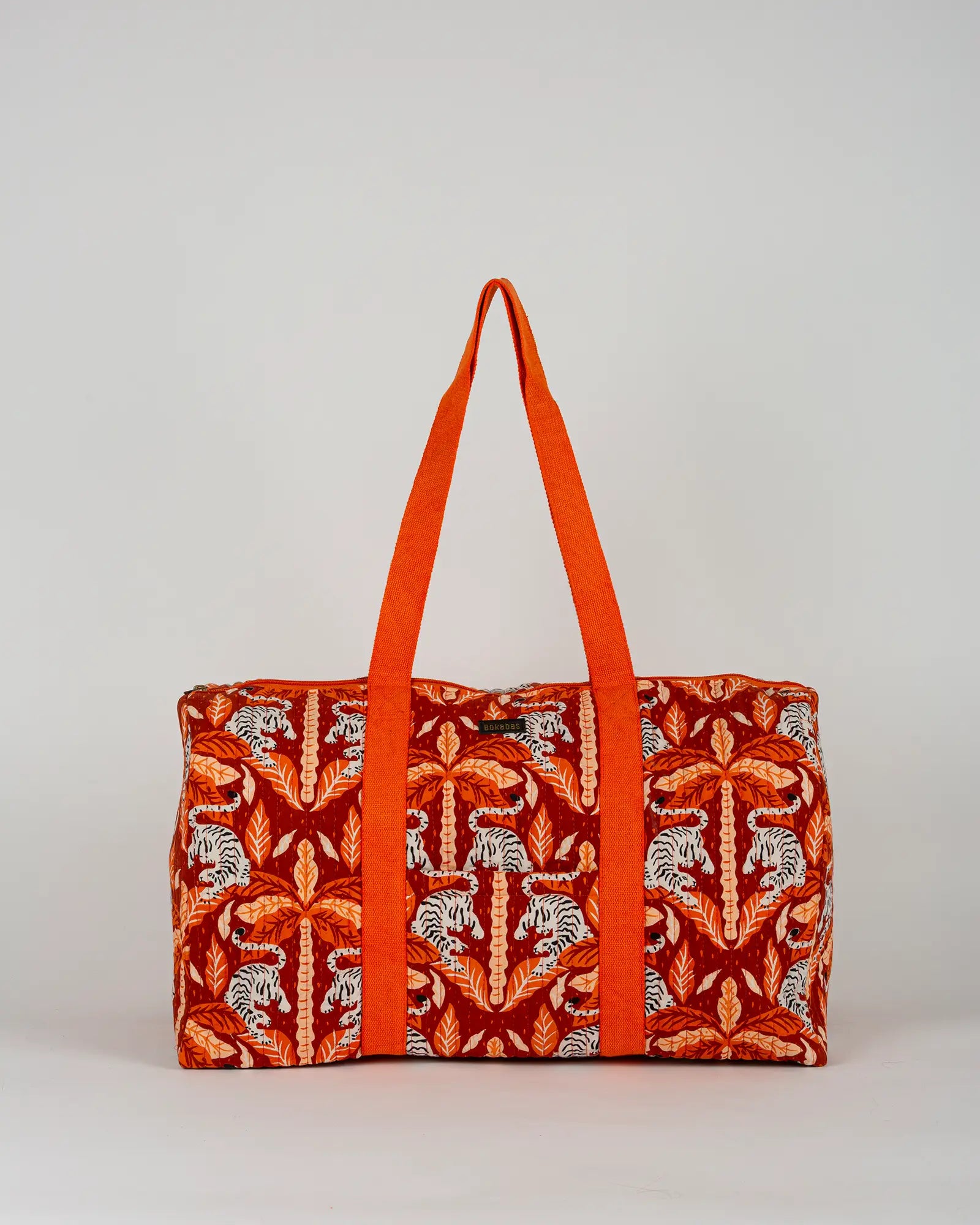 Sac week-end matelassé Bokabas, imprimé Tropique palmier et guépard orange, vue de face