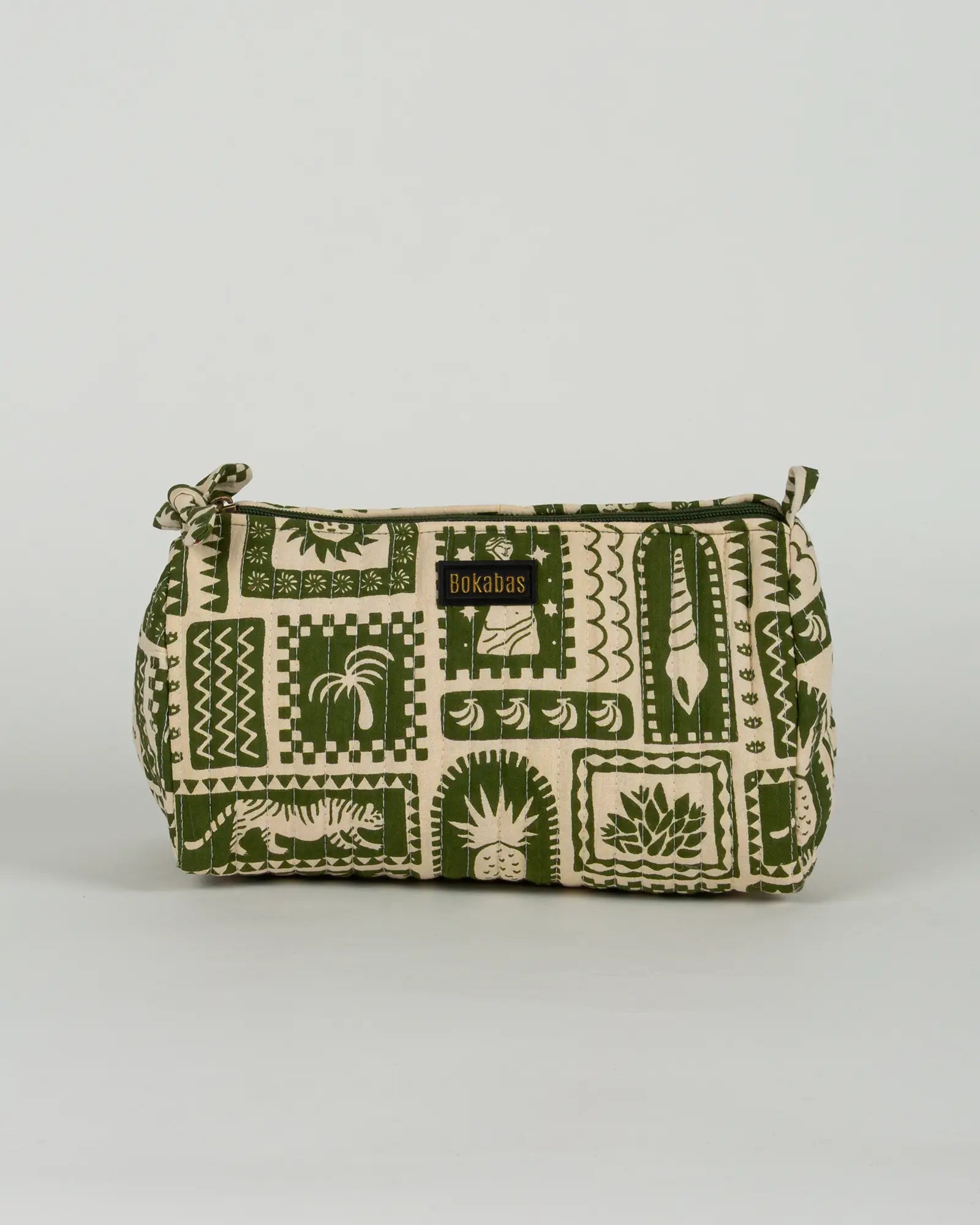 Trousse de toilette matelassée en coton Bokabas, imprimé Art vert kaki et beige, vue de face