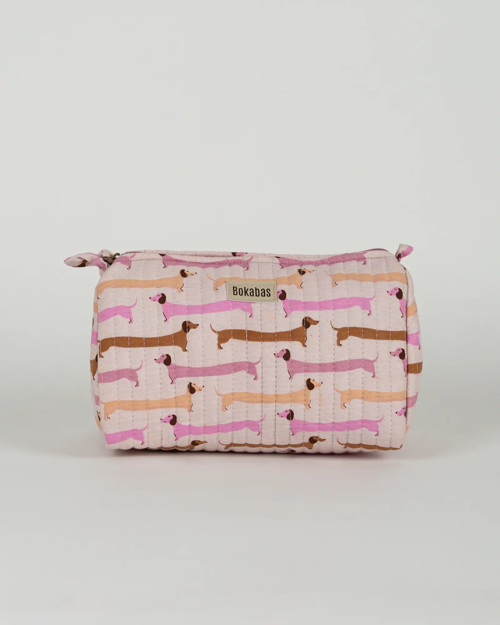 Trousse de toilette matelassée en coton Bokabas, imprimé Saucisse chien teckel rose et violet, vue de face