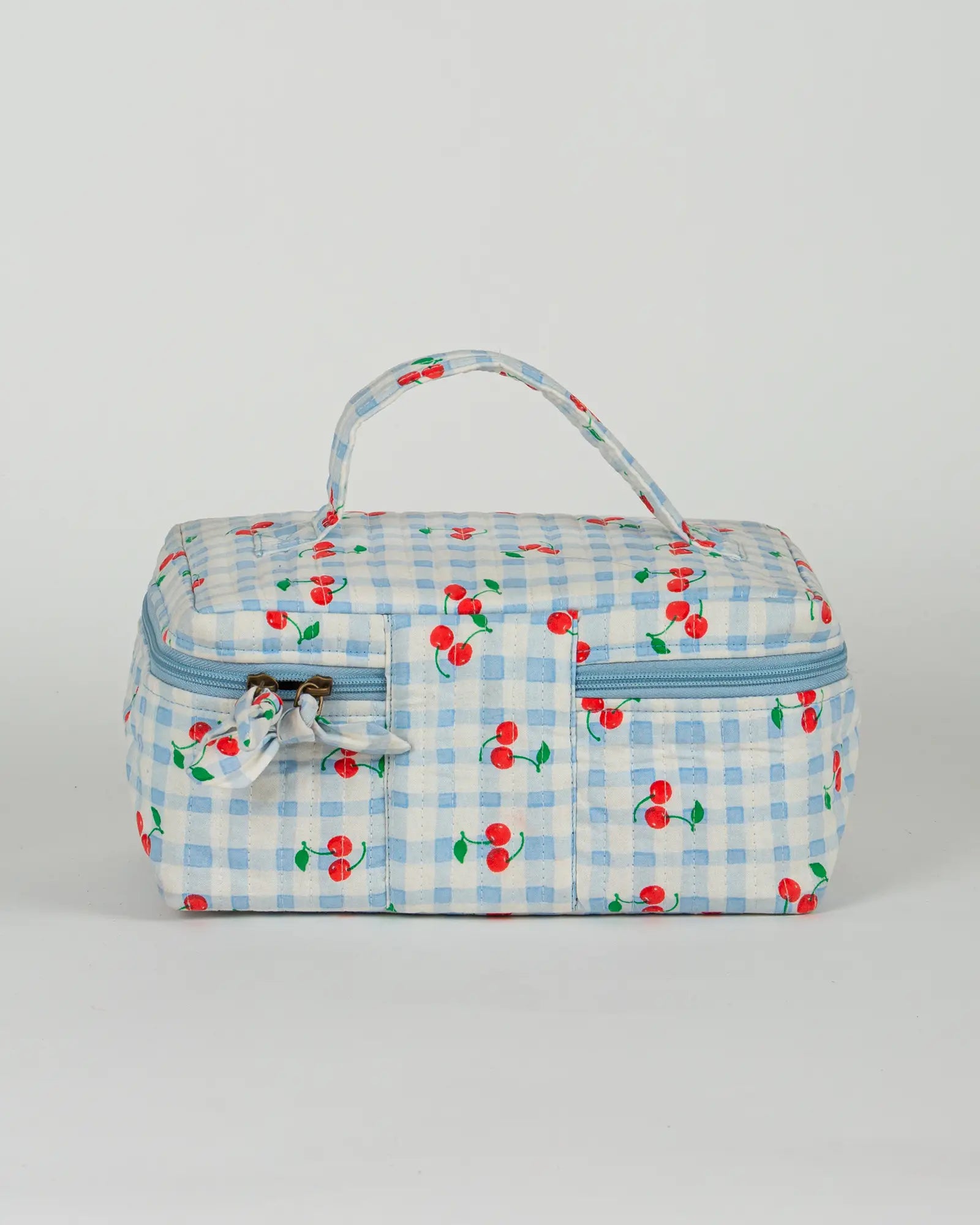 Trousse vanity maquillage matelassée Bokabas, imprimé Cerise vichy bleu, vue de dos