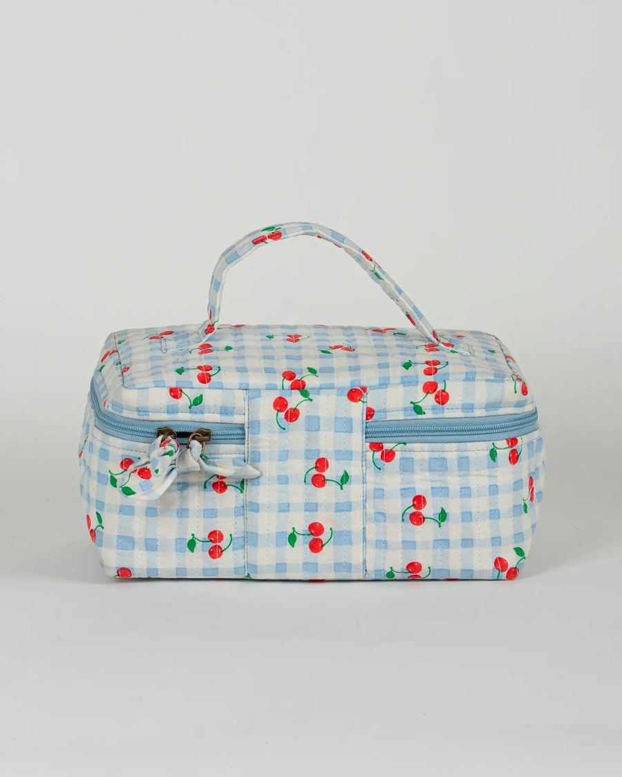 Trousse vanity maquillage matelassée Bokabas, imprimé Cerise vichy bleu, vue de dos