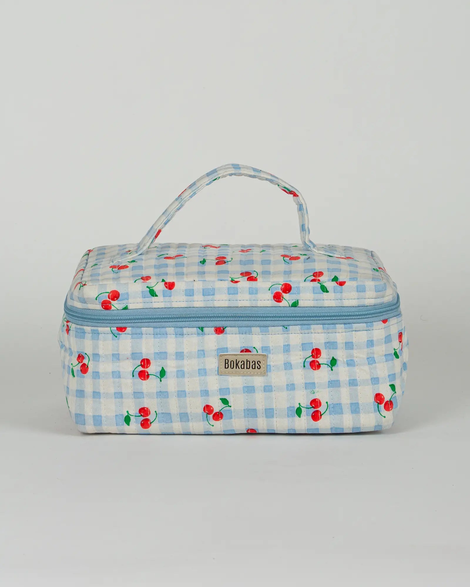 Trousse vanity maquillage matelassée Bokabas, imprimé Cerise vichy bleu, vue de face