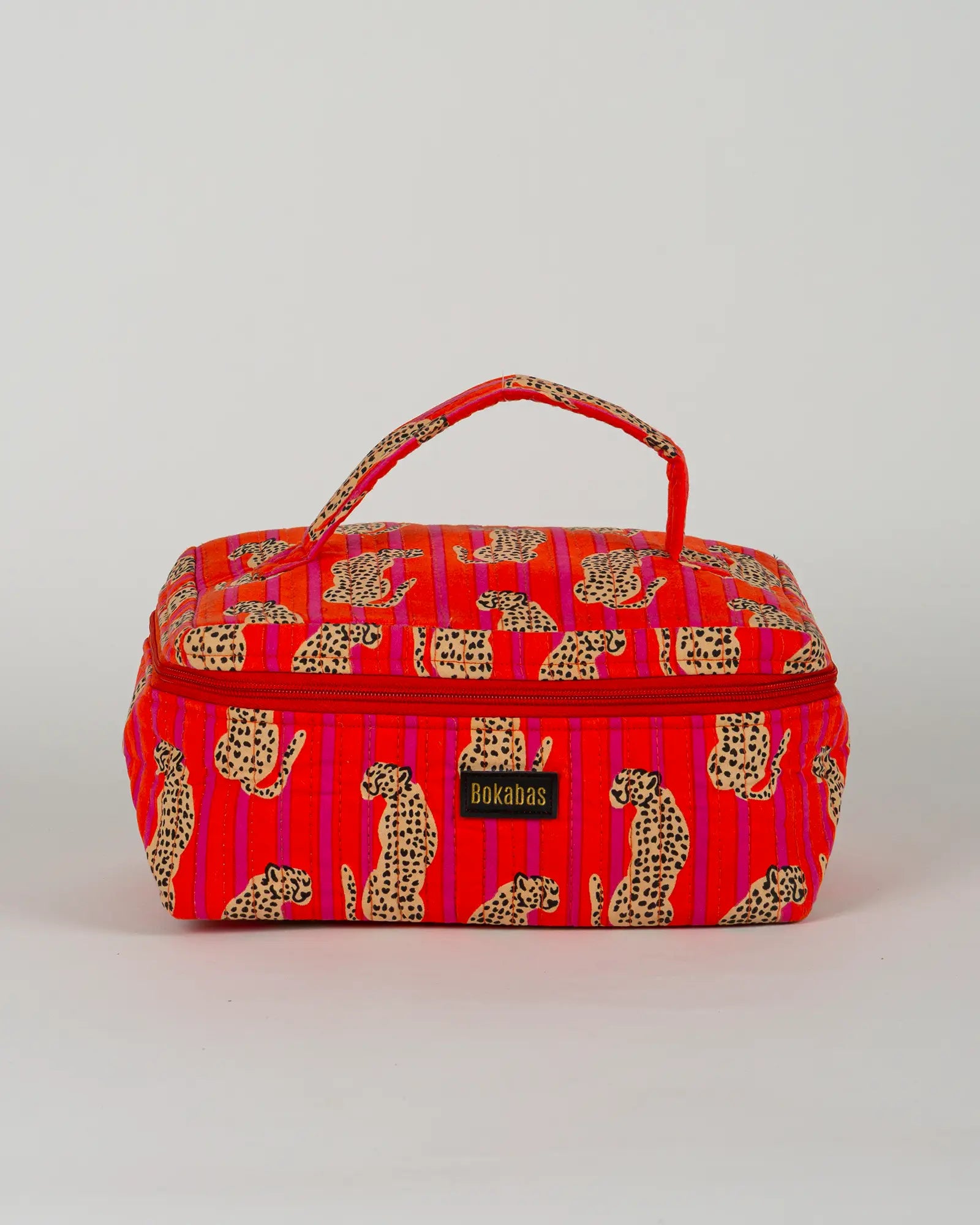 Trousse vanity maquillage matelassée Bokabas, imprimé Guépard rayé orange et rose, vue de face