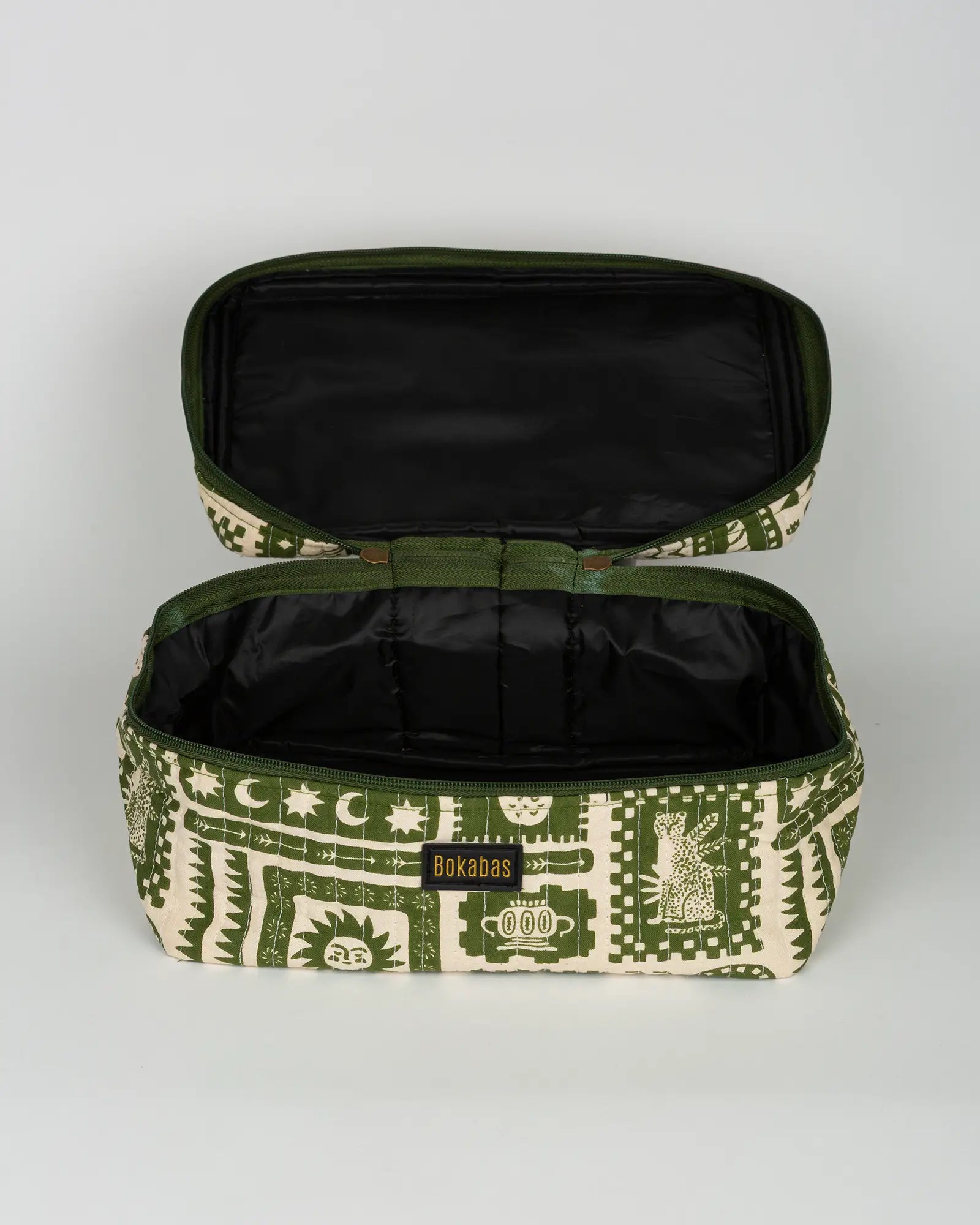 Trousse vanity maquillage matelassée Bokabas, imprimé Art vert kaki et beige, vue de l'intérieur