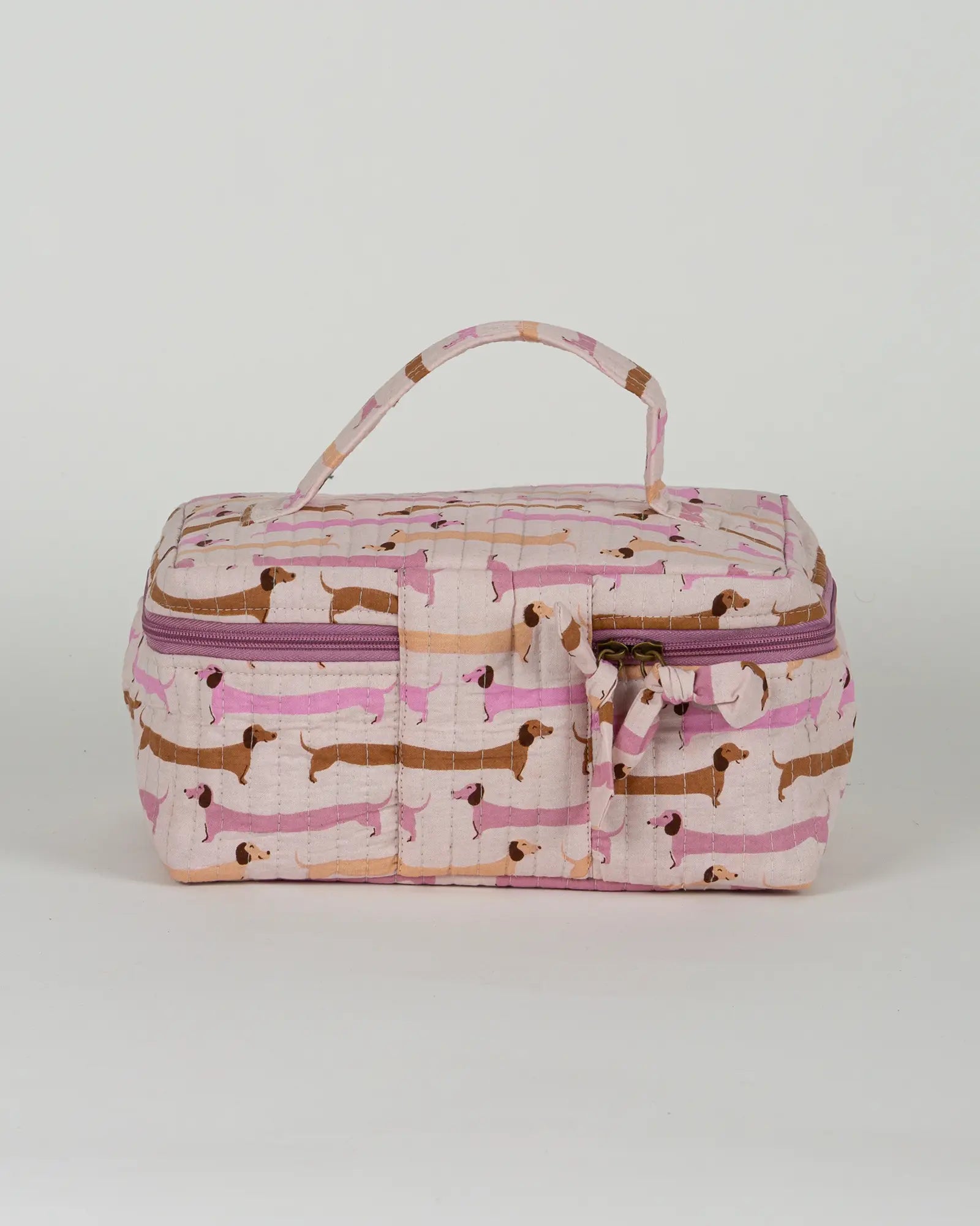 Trousse vanity maquillage matelassée Bokabas, imprimé Saucisse chien teckel rose et violet, vue de dos