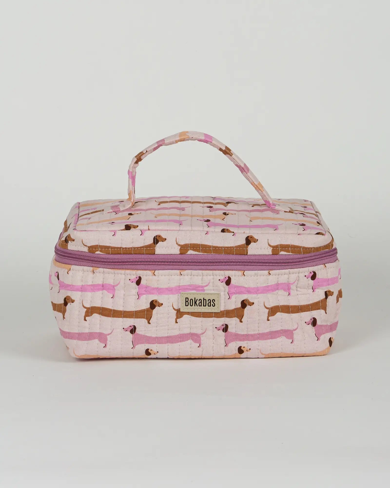 Trousse vanity maquillage matelassée Bokabas, imprimé Saucisse chien teckel rose et violet, vue de face
