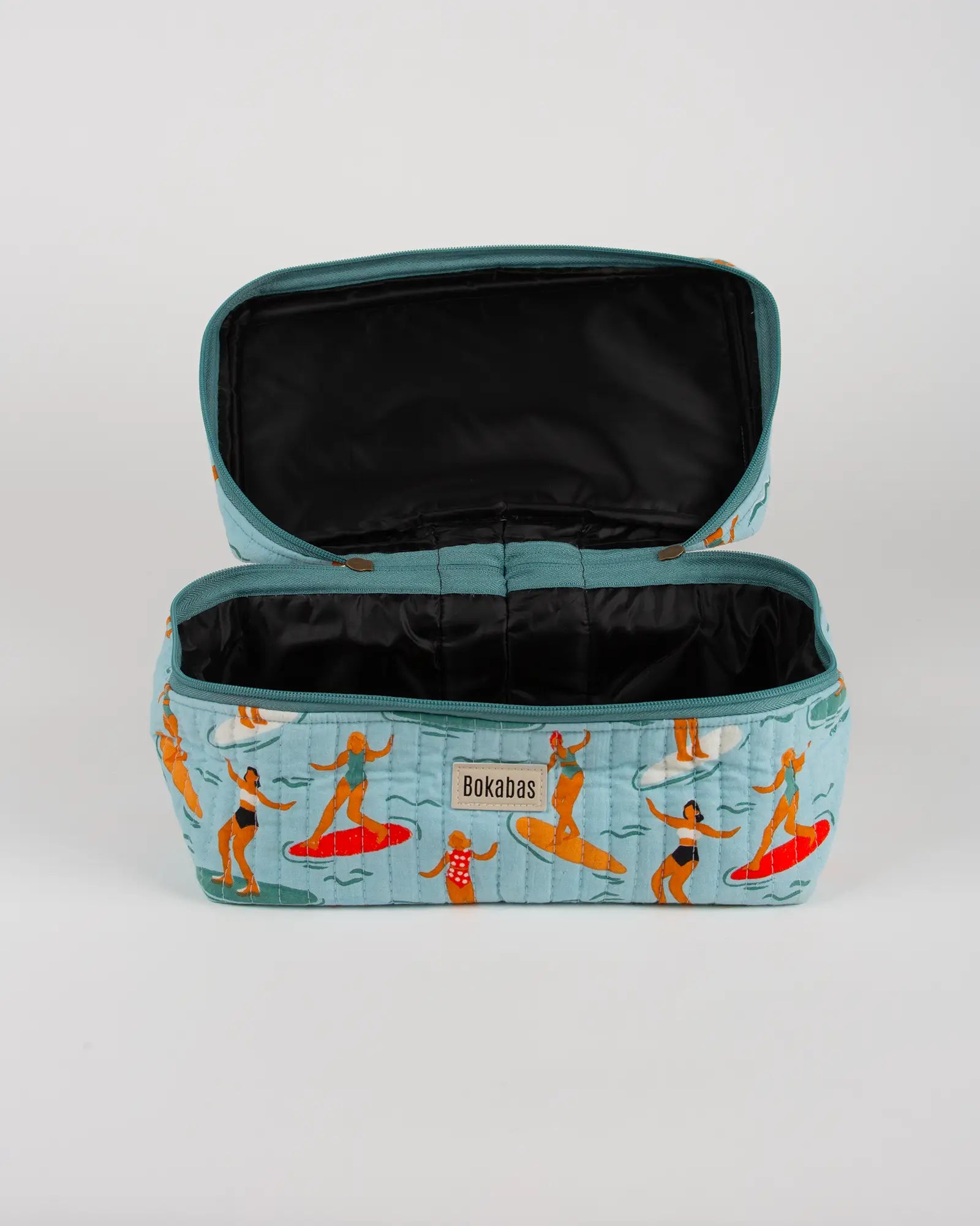 Trousse vanity maquillage matelassée Bokabas, imprimé Surf bleu, vue de l'intérieur
