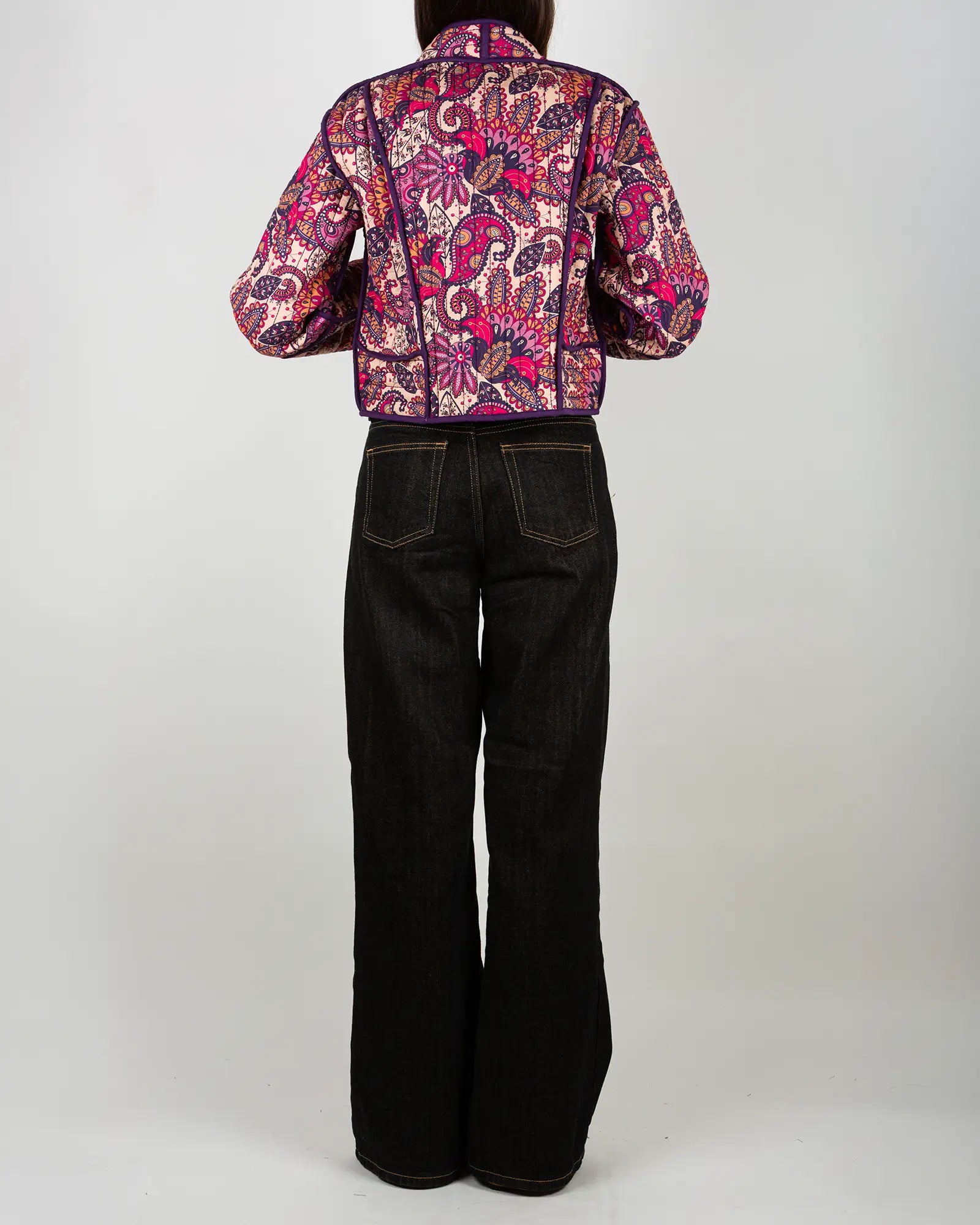 Veste kimono matelassée Bokabas, imprimé Pow rose et beige, vue de dos