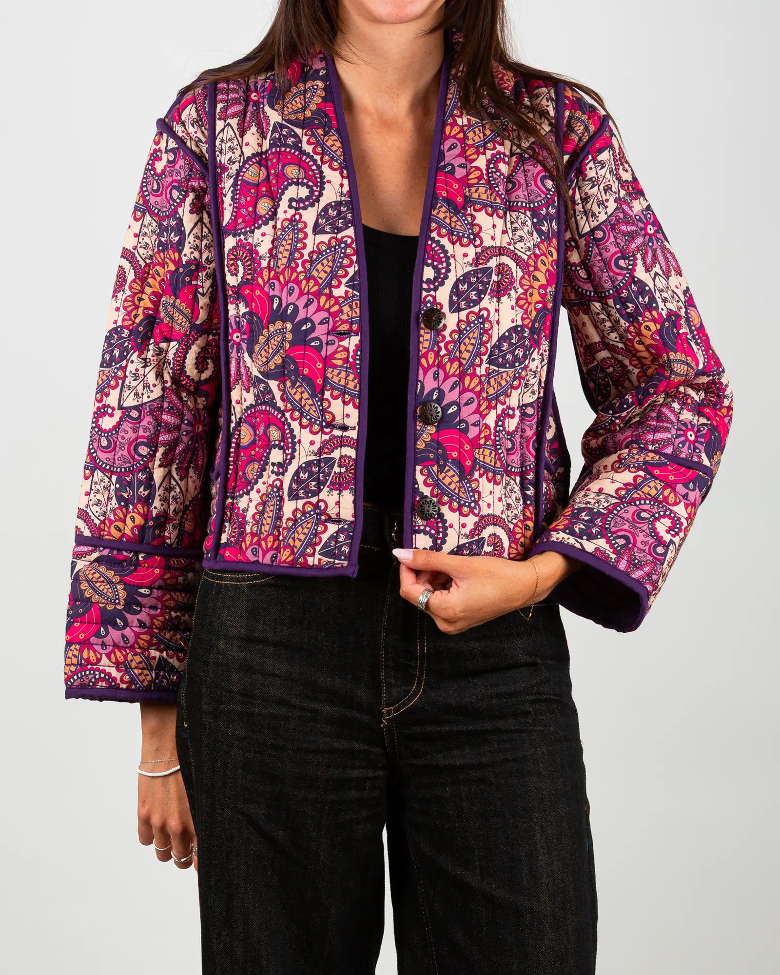 Veste kimono matelassée Bokabas, imprimé Pow rose et beige, vue de face