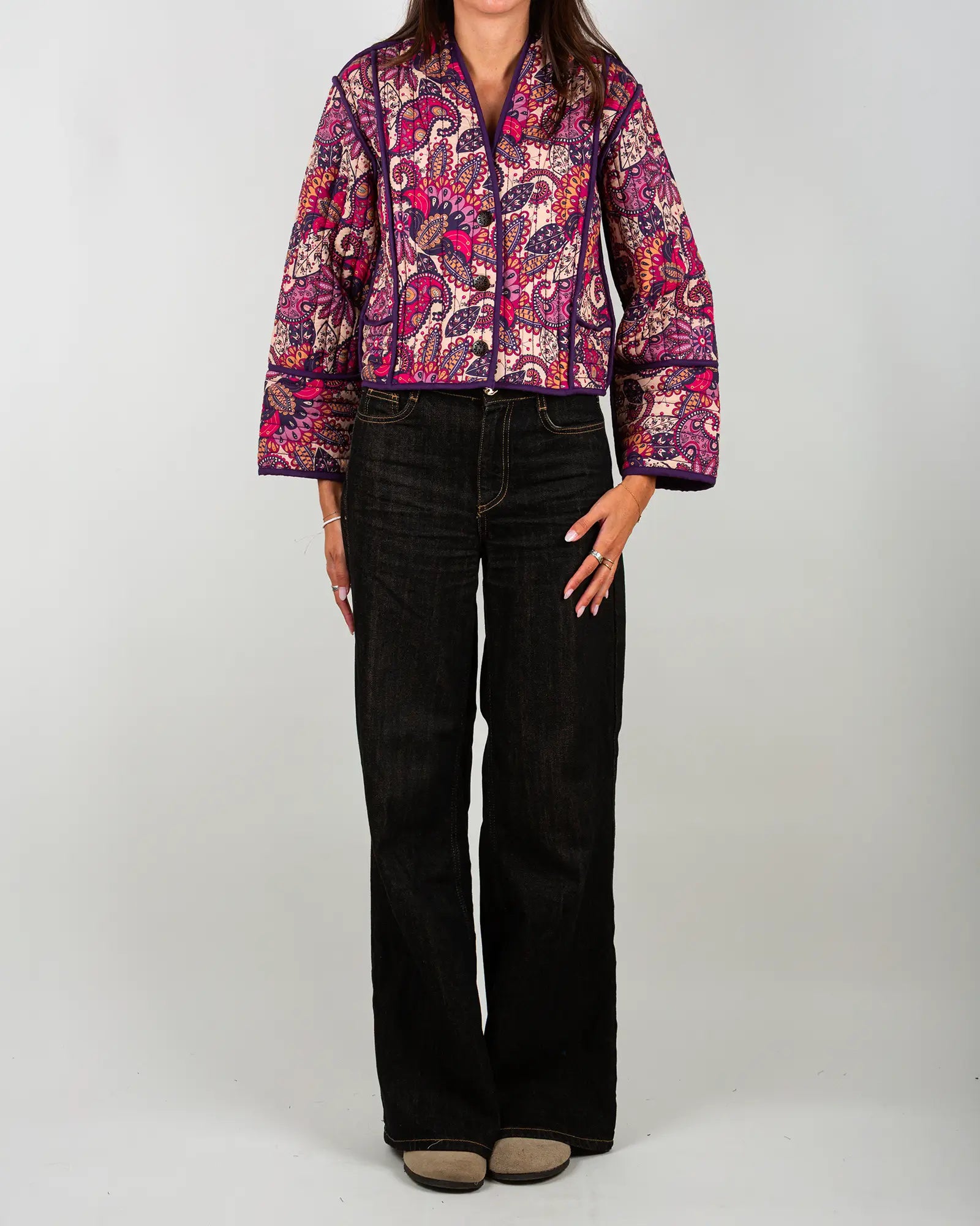 Veste kimono matelassée Bokabas, imprimé Pow rose et beige, vue de face