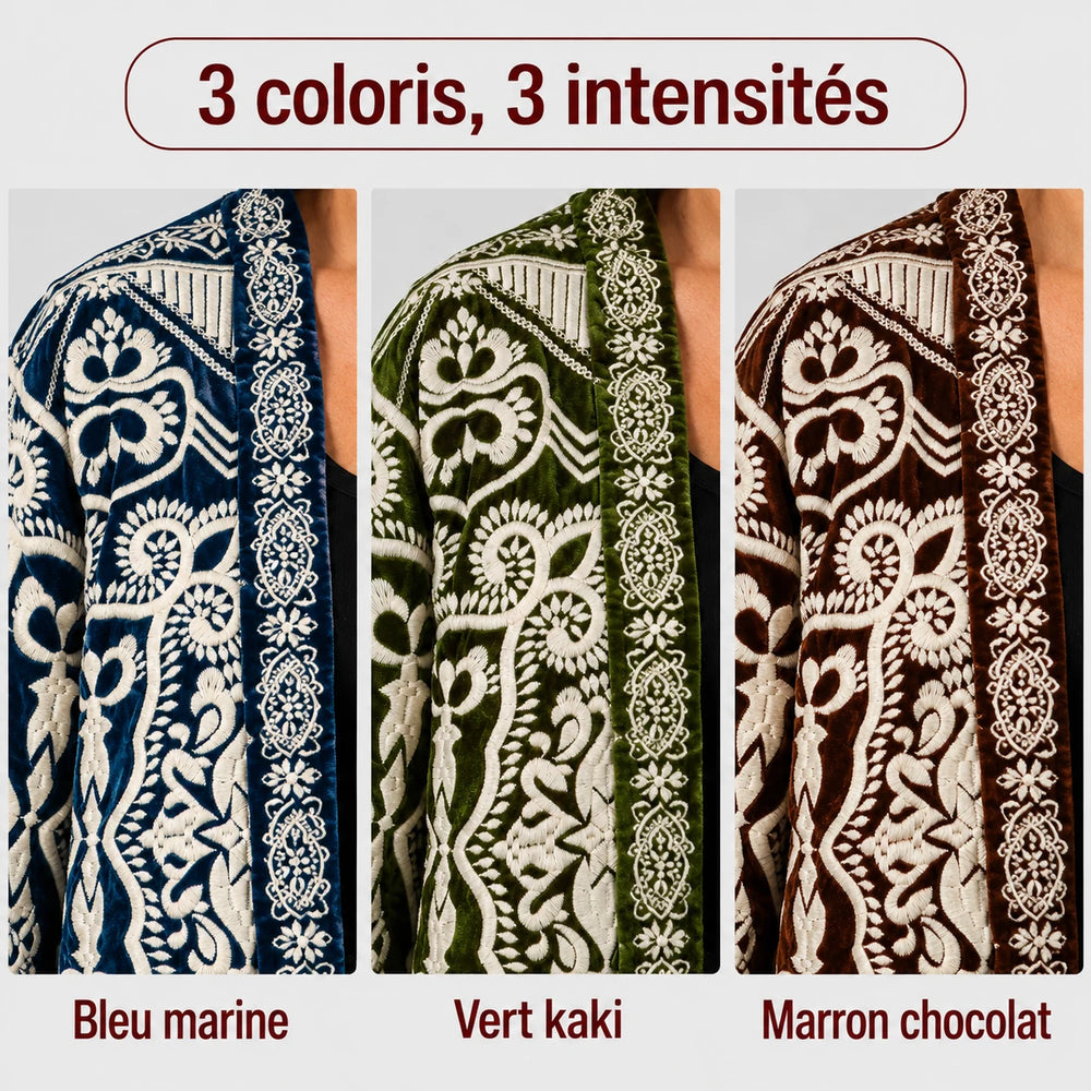 La veste kimono femme en velours brodé Marron chocolat