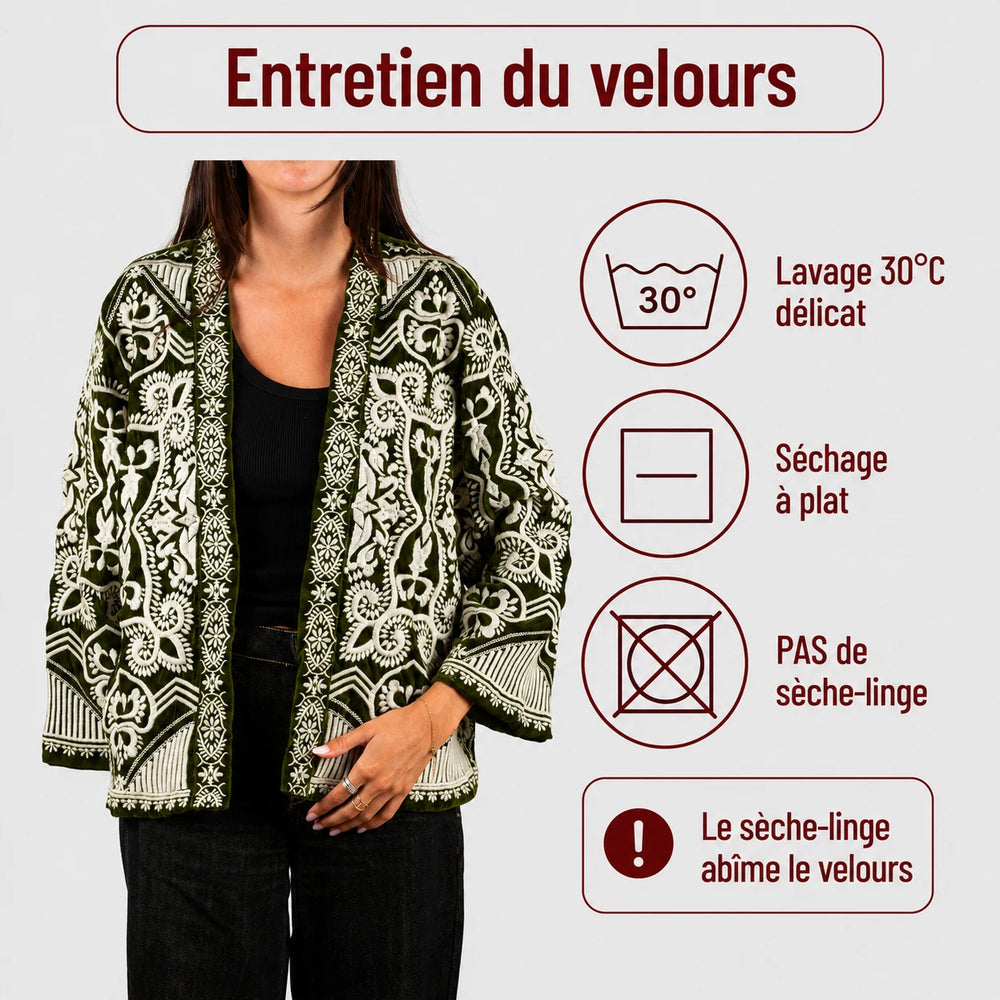 La veste kimono femme en velours brodé Marron chocolat