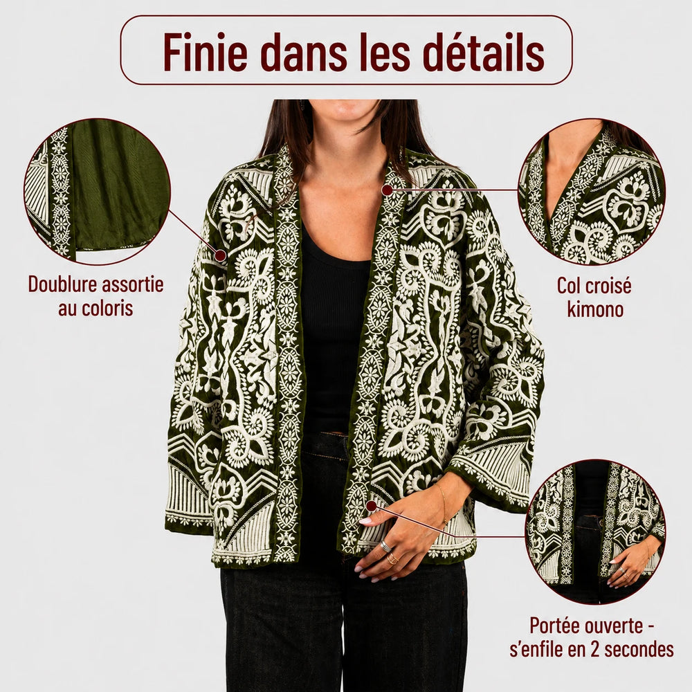 La veste kimono femme en velours brodé Marron chocolat