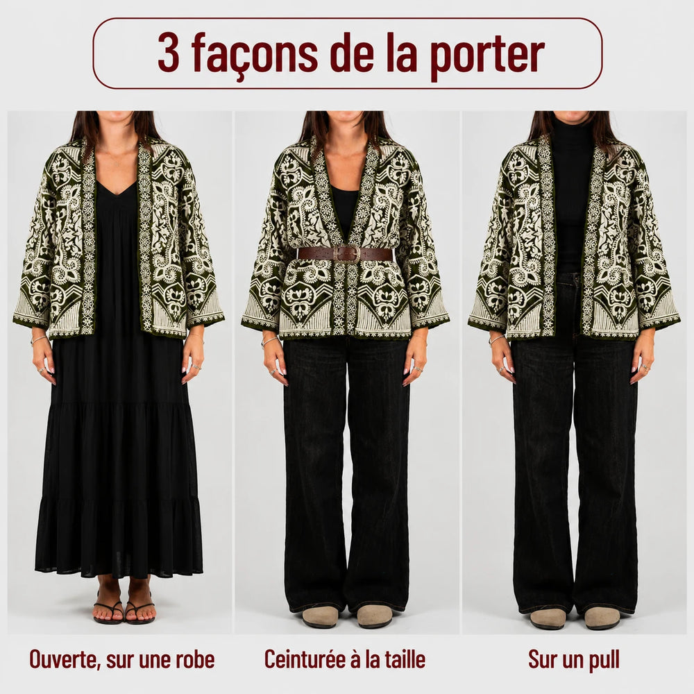 La veste kimono femme en velours brodé Marron chocolat
