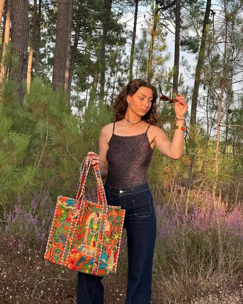 Cabas fleuri orange Bokabas porté – sac coloré motifs été