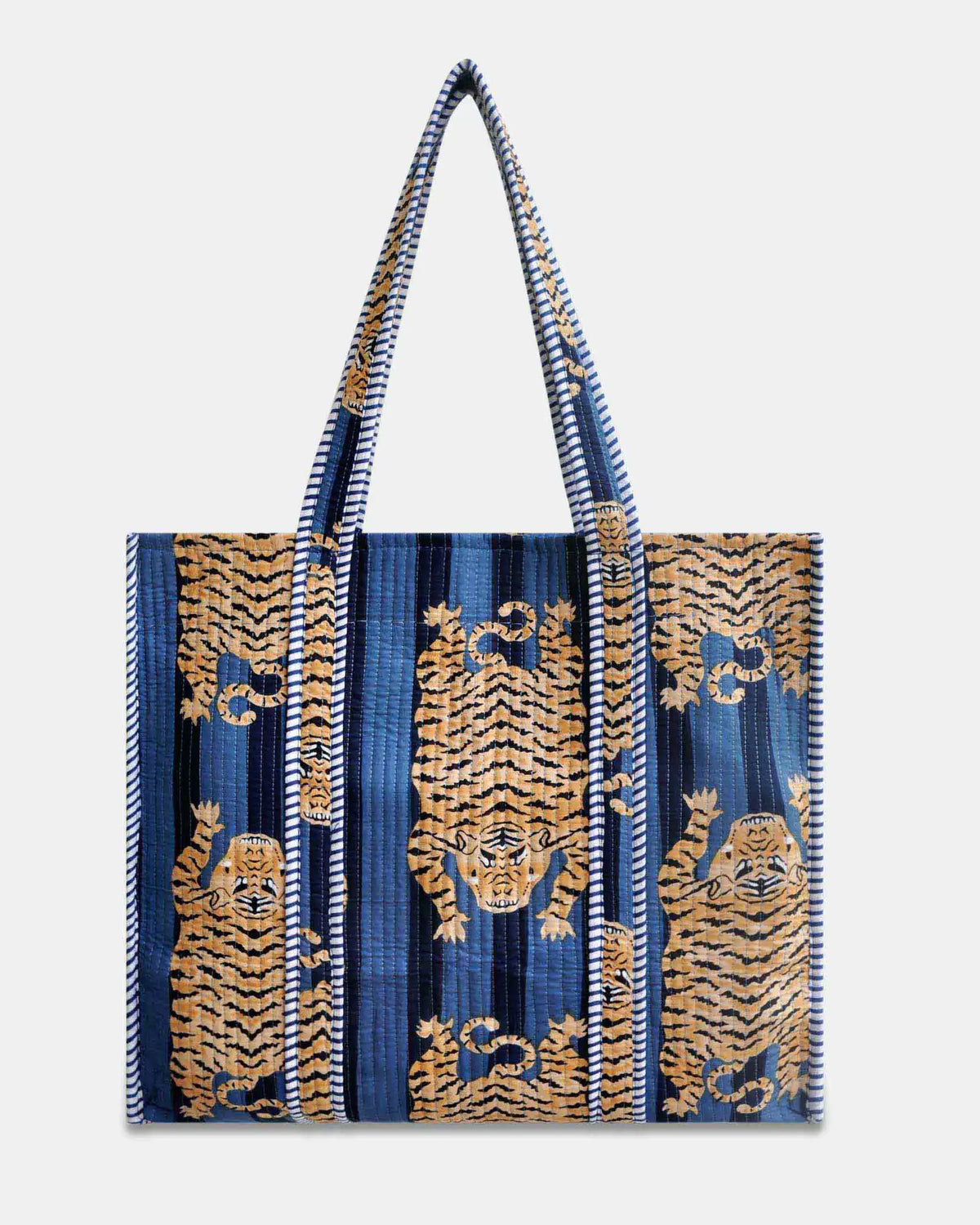 Sac Bandoulière Indien Matelassé Imprimé Tigre Bleu - Coton, Taille Moyen, Fait Main Inde